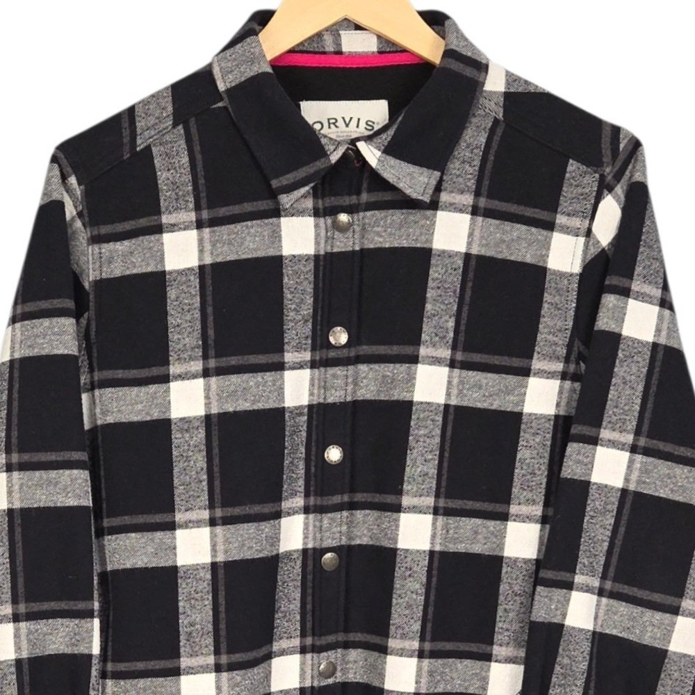 Orvis Flannel Shacket Womens Large Black White Plaid Fleece Snap Shirt Jacket